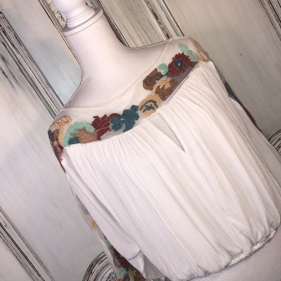 Free People Mid Dolman Sleeve Elastic Waist Embroidered on Netting Bodice S/SP - Picture 2 of 13